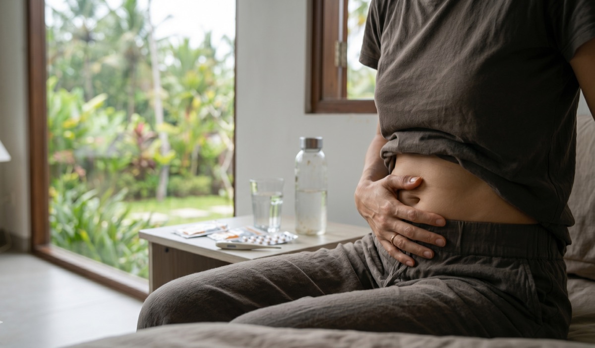 Traveler with stomach pain resting in a villa bedroom with water and medicine