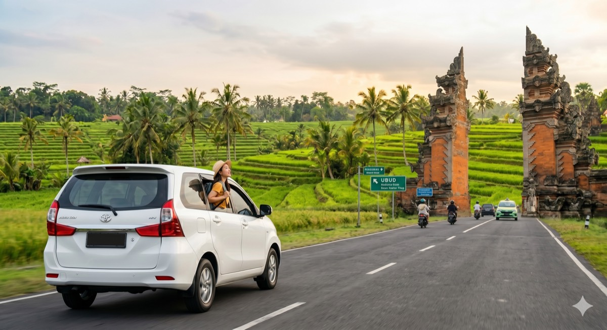 Car driving toward the Ubud gate past rice terraces on a Bali road