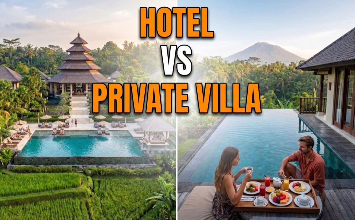 Split image comparing a hotel resort pool and a private villa infinity pool in Ubud