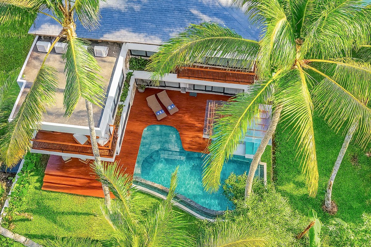 Aerial view of Hubuddha three bedroom villa pool and tropical garden