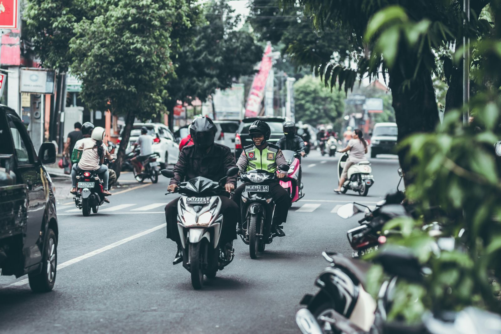 Scooters and traffic on a road in the Ubud area of Bali
