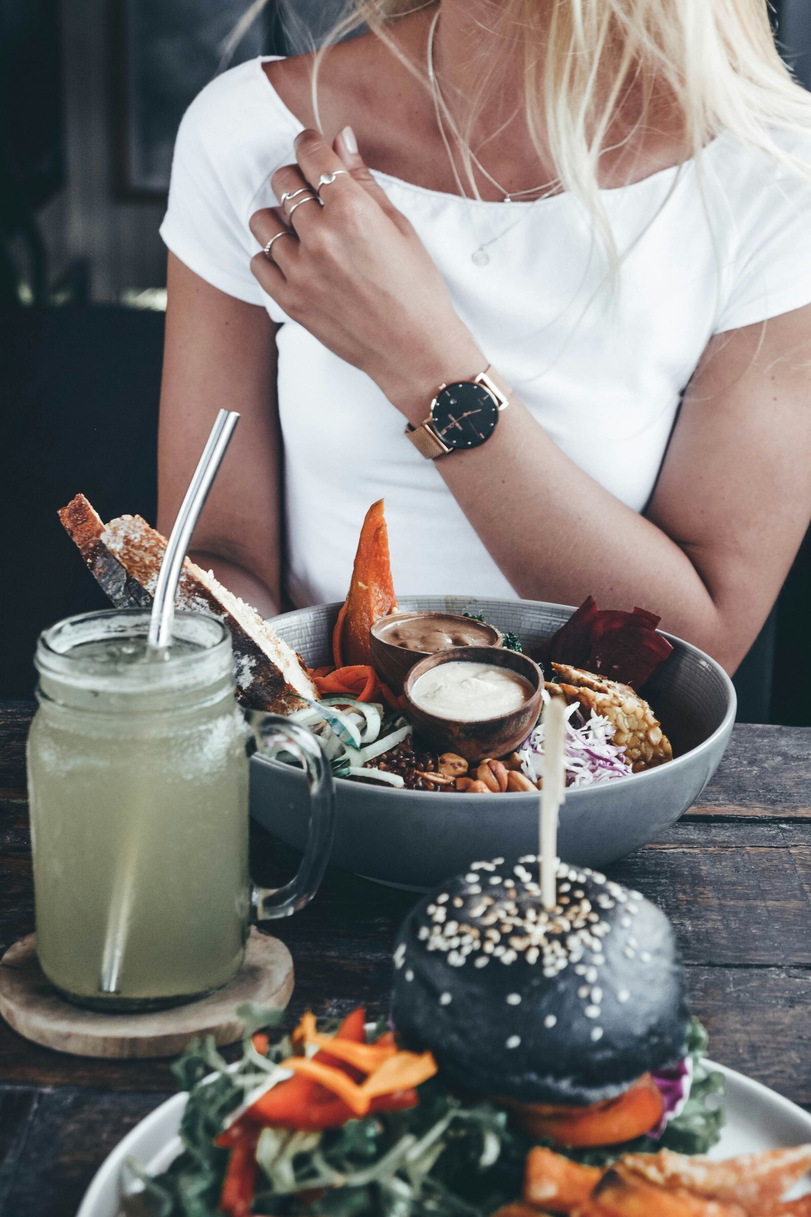 A colorful healthy brunch table at a cafe in Canggu Bali