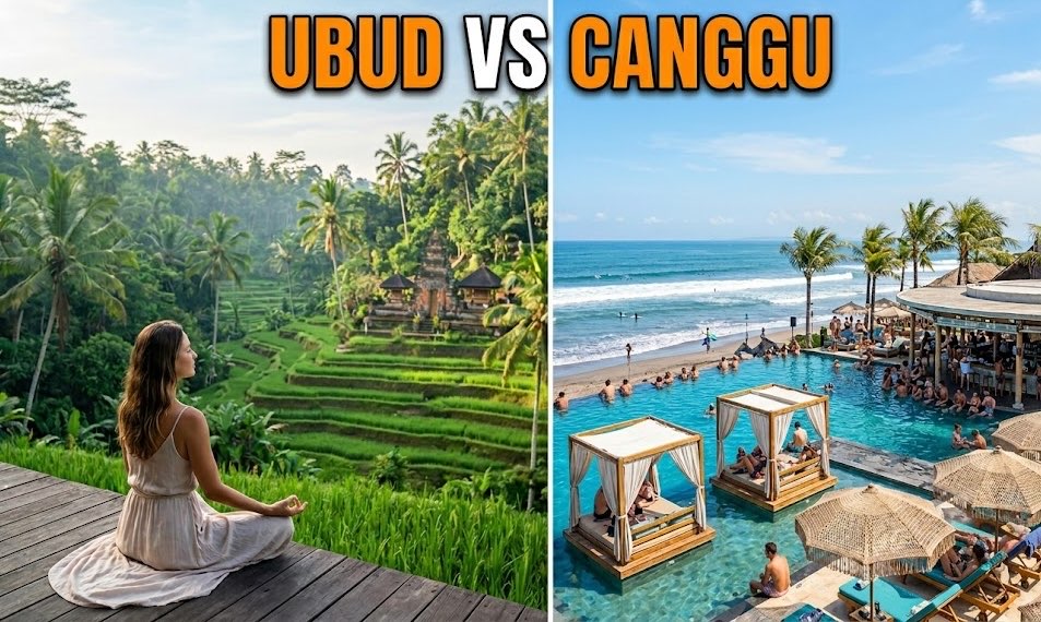 Split image comparing Ubud rice terraces and a Canggu beach club pool