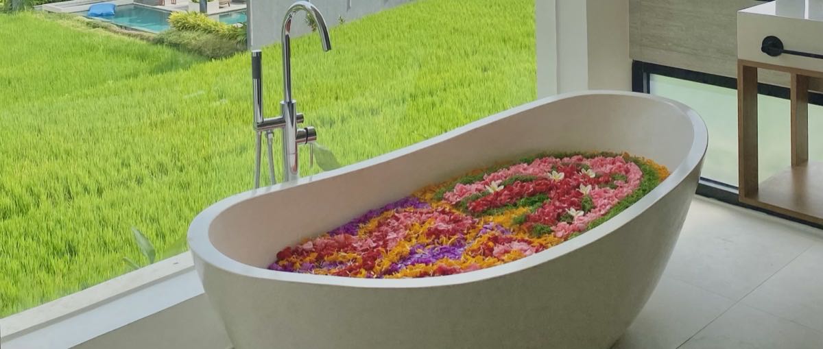 Flower bath with rice field views at Hubuddha Villas, Ubud Bali