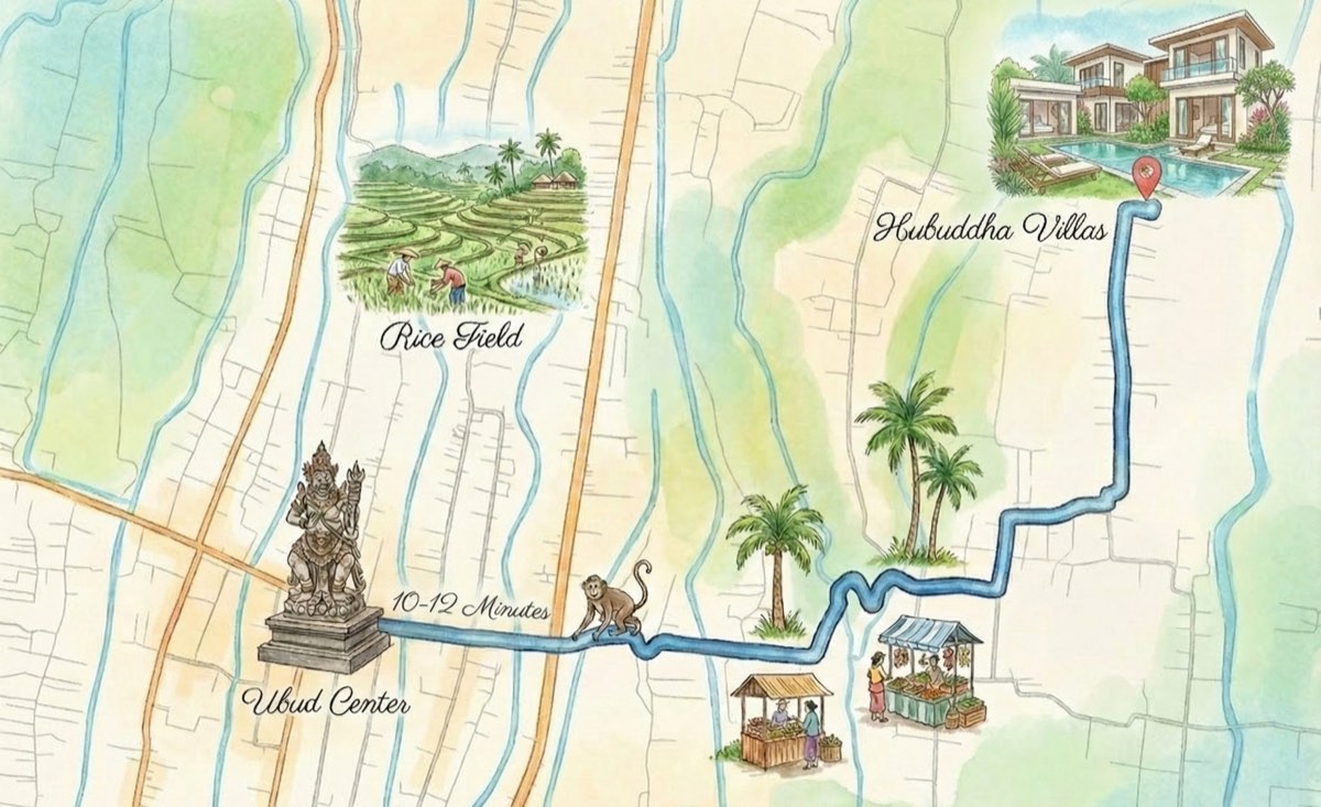 Hubuddha Villas location — 10-12 minutes from Ubud center, near rice fields