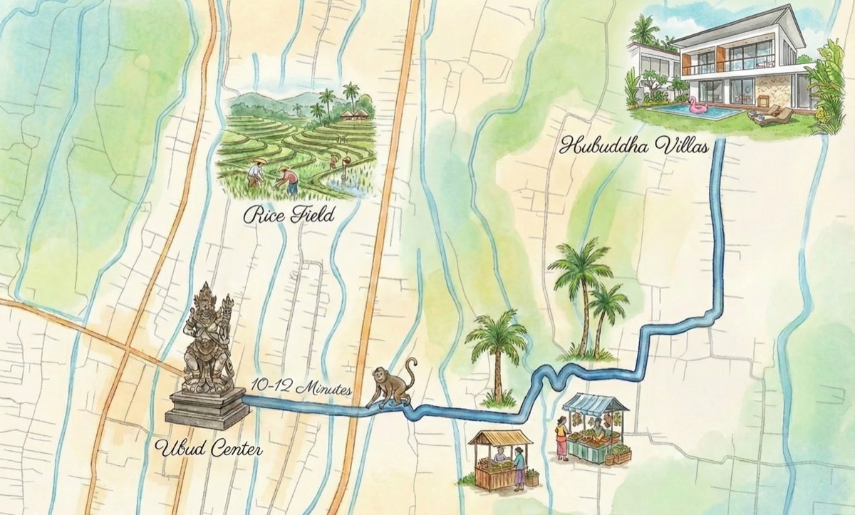 Illustrated watercolor map showing Hubuddha Villas location relative to Ubud Center, rice fields, and local landmarks — about 8-10 minutes from Ubud Center